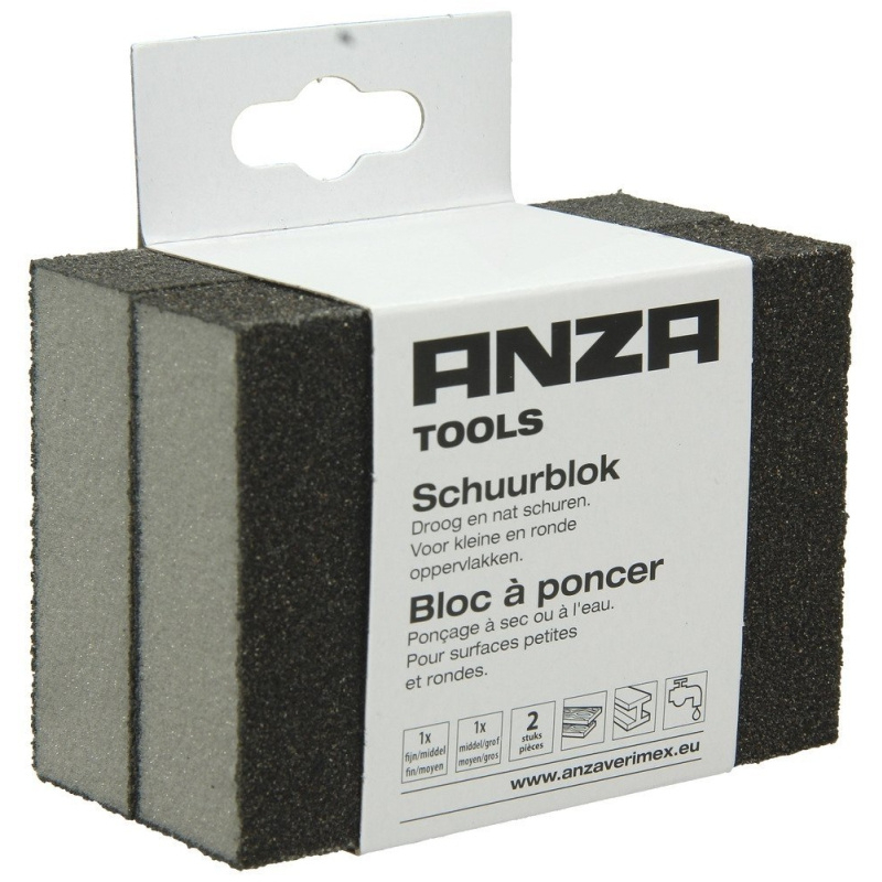 Schuurblok droog en nat schuren 2 stuks (1x fijn/middel 1x middel/grof) Anza